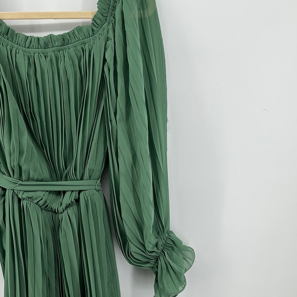 Baltic Born Green Long Sleeve Bishop Elastic Waist with Fabric Belt Sundress SzL - Picture 12 of 15